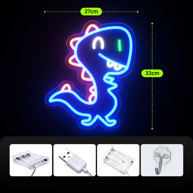 Blå neonlampa i form av dinosaurie