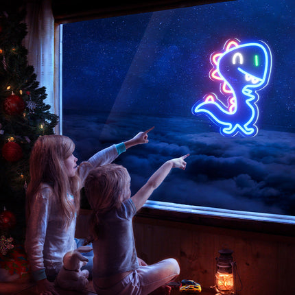 Blå neonlampa i form av dinosaurie