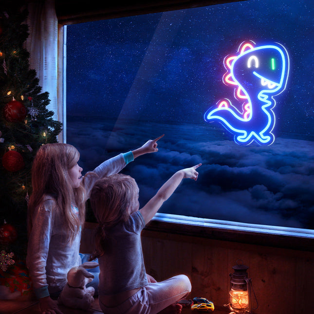 Blå neonlampa i form av dinosaurie