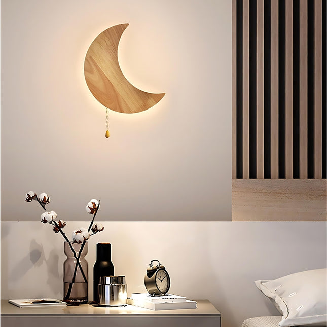 Väggmonterad nattlampa måne i trä
