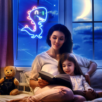 Blå neonlampa i form av dinosaurie