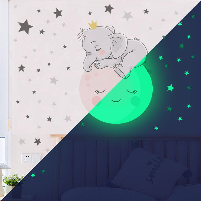 Självlysande väggdekal elefant på månen