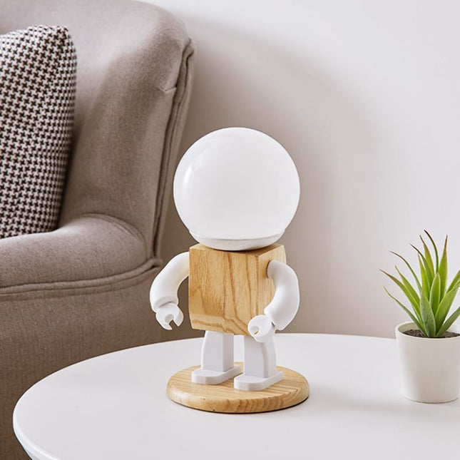 Söt robot bordslampa i trä